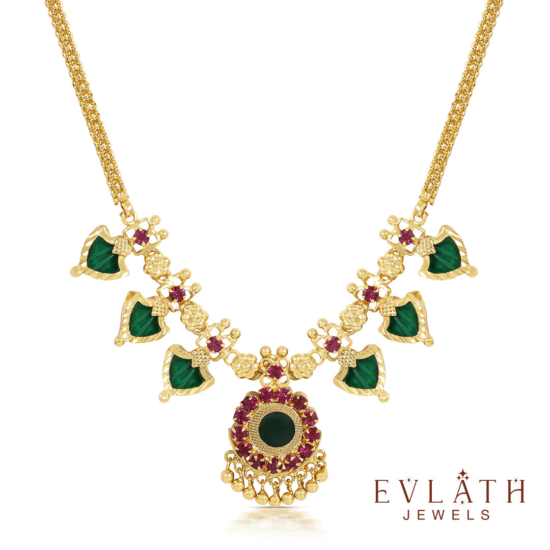 Gold-Plated Green Palakka Necklace, Adjustable Bangle & Earring Combo Set - Evlath jewels